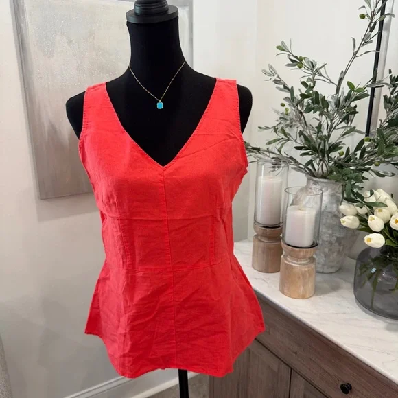 J. Crew Dark Coral V-neck Linen/Cotton Peplum Sleeveless Blouse - Picture 2 of 10